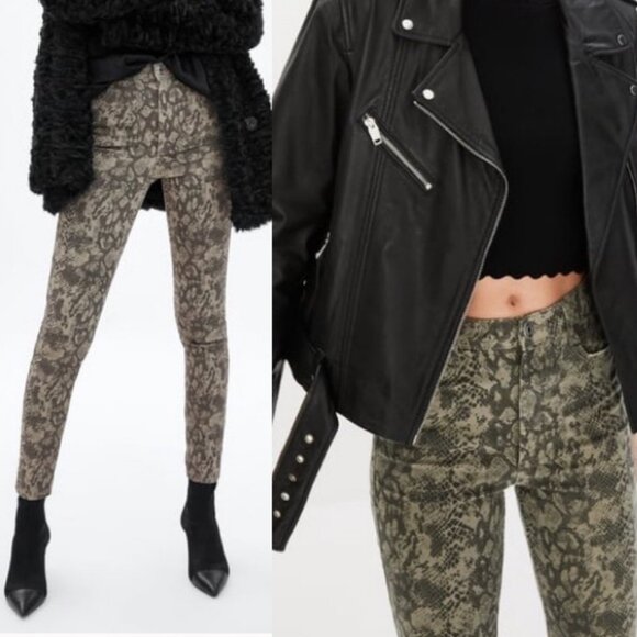 NWT Zara High Waisted Skinny Pants Green Animal Print Size 4 Pants New Tags Boho - Picture 2 of 11